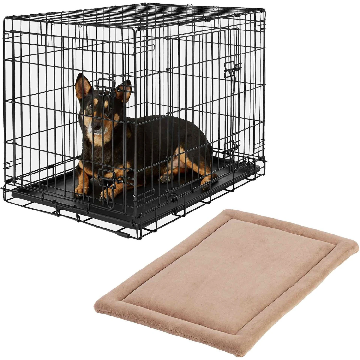 Frisco Heavy Duty Fold & Carry Double Door Collapsible Wire Dog Crate & Frisco Micro Terry Dog Crate Mat