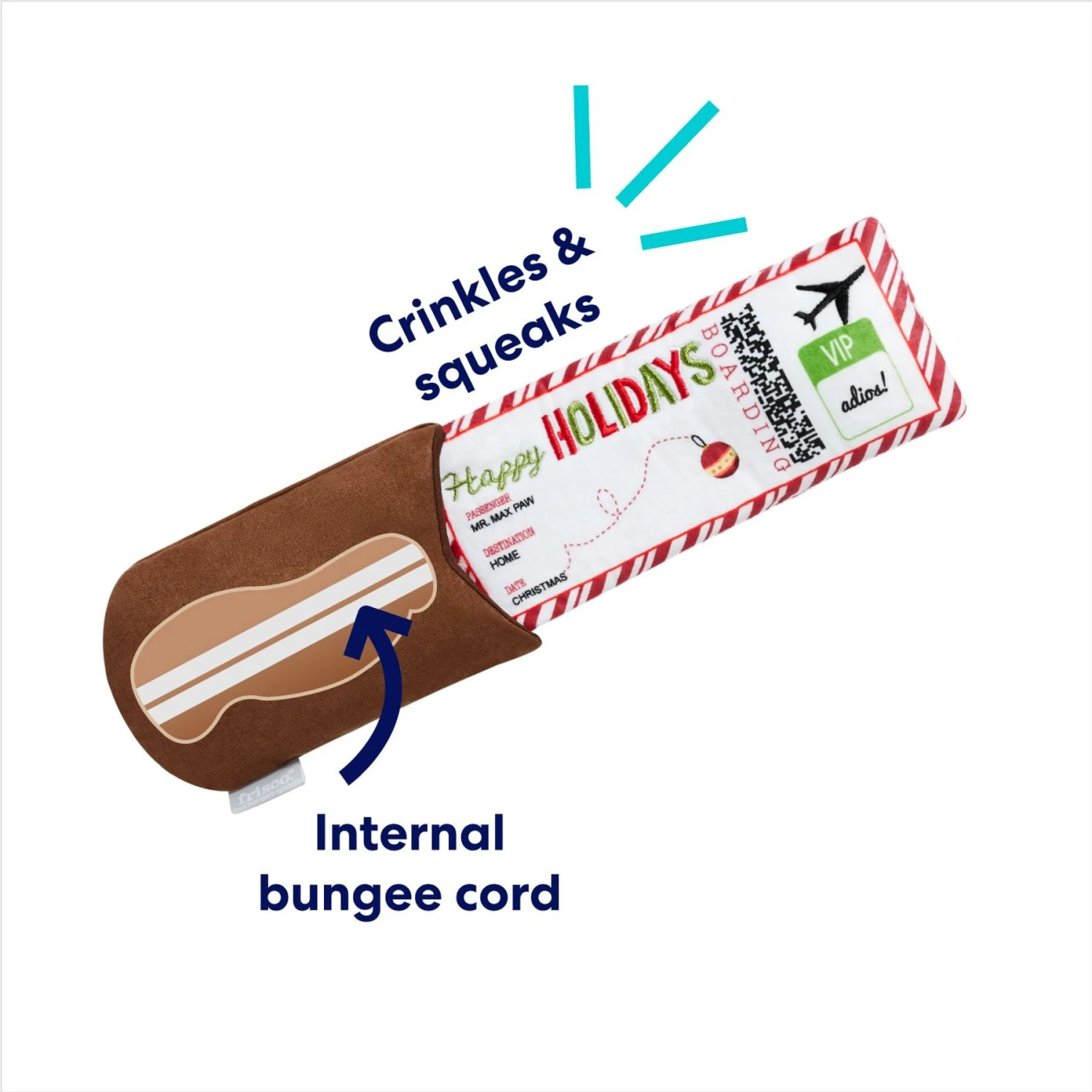 Frisco Holiday Home For The Holidays Airline Ticket Bungee Plush Squeaky Dog Toy - Image 3