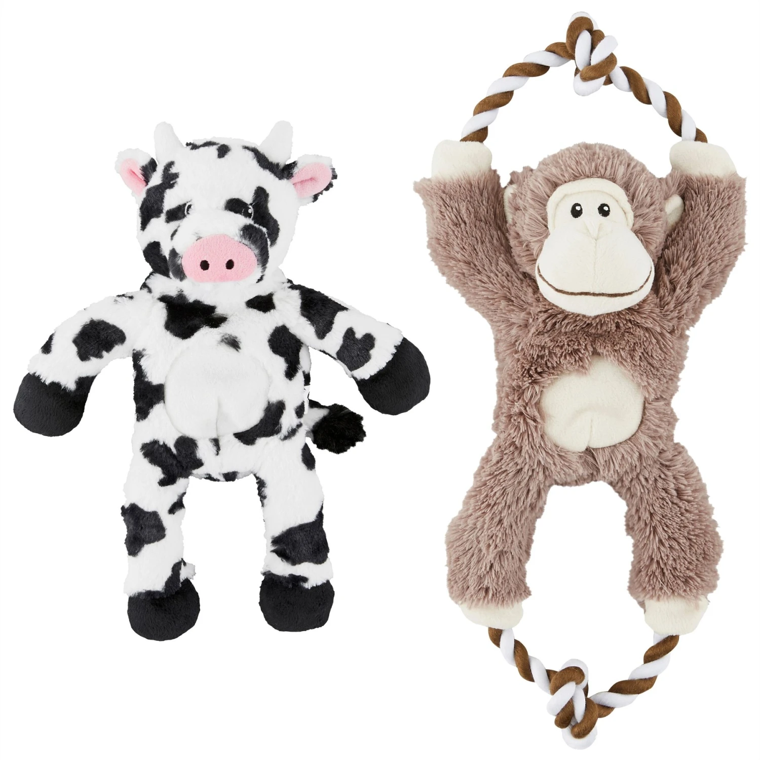 Frisco Monkey Plush With Rope Squeaky Dog Toy & Frisco Cow Plush With Inside Rope Squeaky Dog Toy